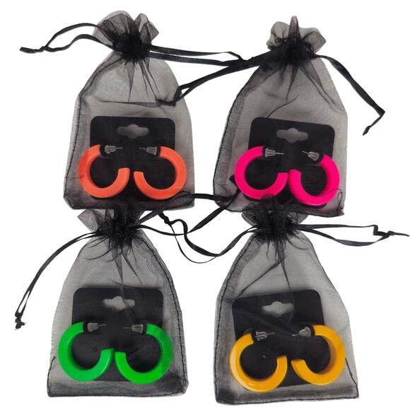 Set of 4 Hoop Earrings 1.2" Retro 1980s Neon Chunky Pierced Acrylic Gift Bag Y2K - Picture 2 of 15